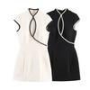 Women Contrast Trim Mini Dress Stand Collar Hollow Out Slim Short Dress XX12331