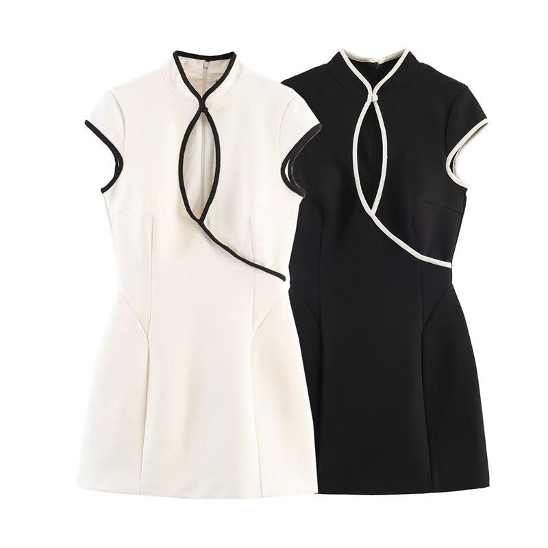 Women Contrast Trim Mini Dress Stand Collar Hollow Out Slim Short Dress XX12331