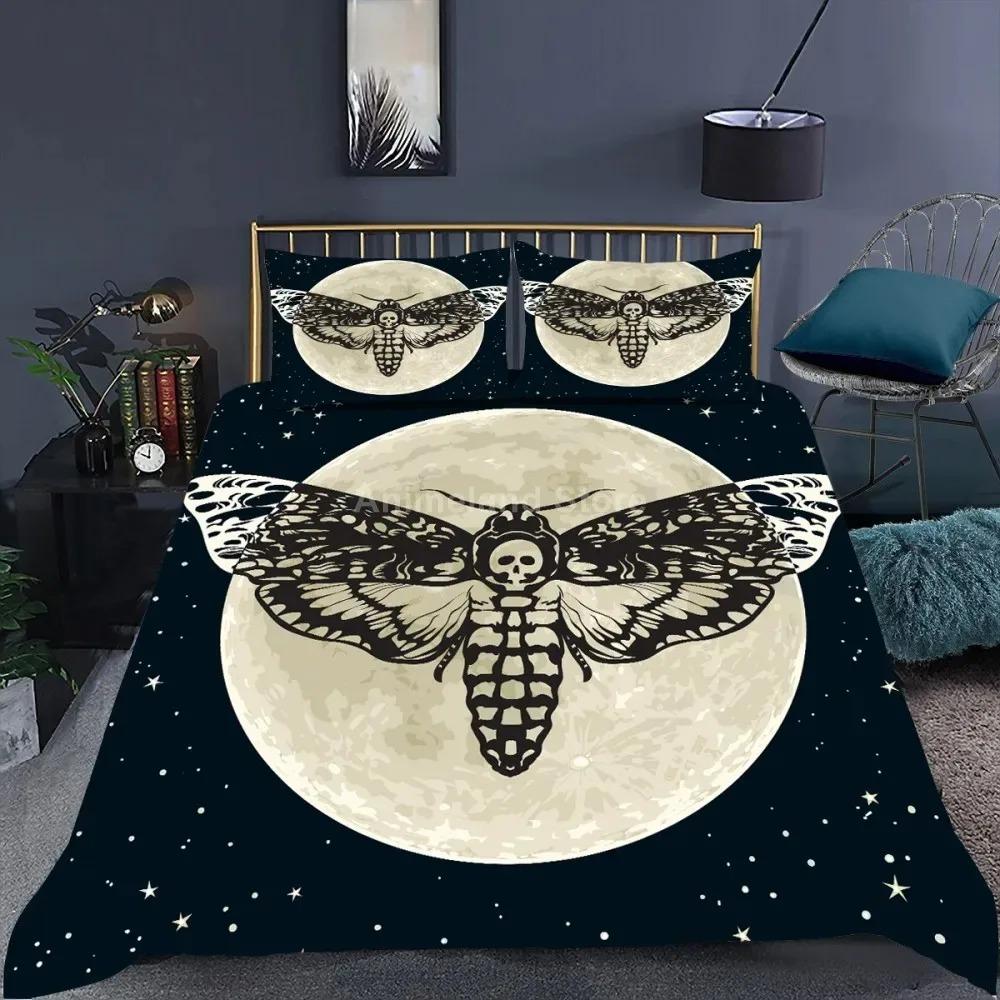 Gothic Skul Soft Duvet Cover Set, Death Moth Plus Flowers Warm Comforter Cover King Personalized Skeleton Bones Beding Sets Black Cream