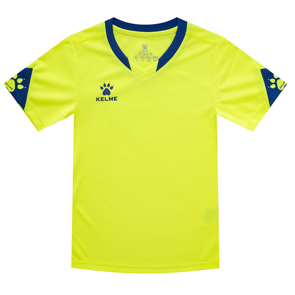 [Kelme] Kids Soccer Wear Junior Short-Sleeve Shirt & Half Pants Soccer Set with Socks (Fluorescent Yellow, 140cm)