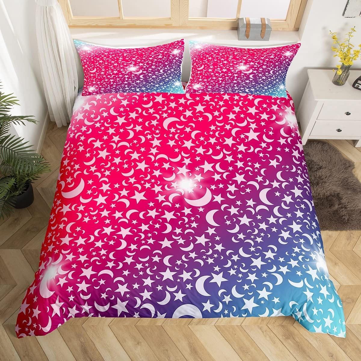 Glitter Ster Regenboog Print King Queen Dekbedovertrek Ombre Kleurrijke Beddengoedset voor Jongens Meisjes Kind Pastel Polyester Dekbedovertrek 70x133cm 2pcs