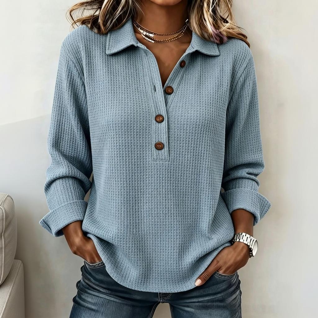 Women's Long Sleeve Knit Top Button Front Color Casual Loose Fit Blouse