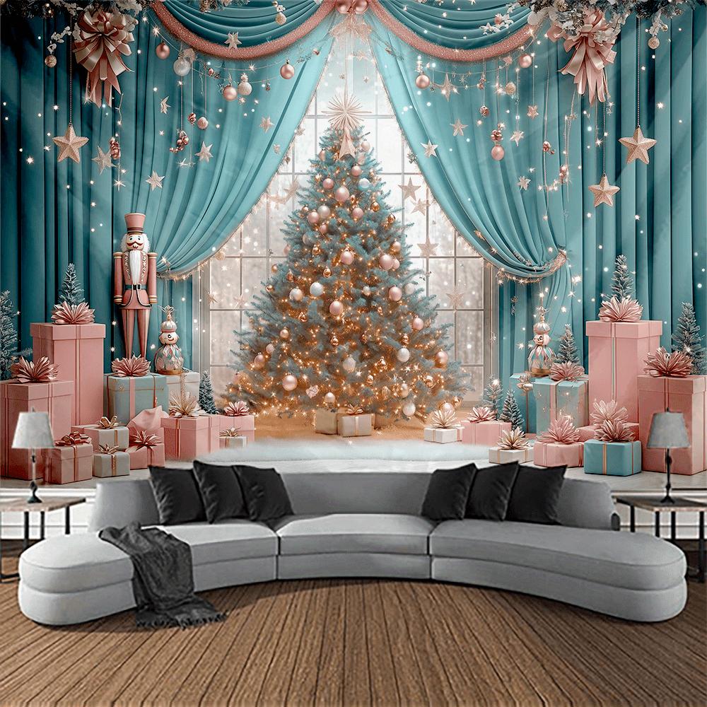 

Блакитне небо та засніжений кедровий ліс Настінний гобелен Різдвяна навісна ялинка Настінна розкішна різдвяна ялинка Камін Подарунки 150x100cm