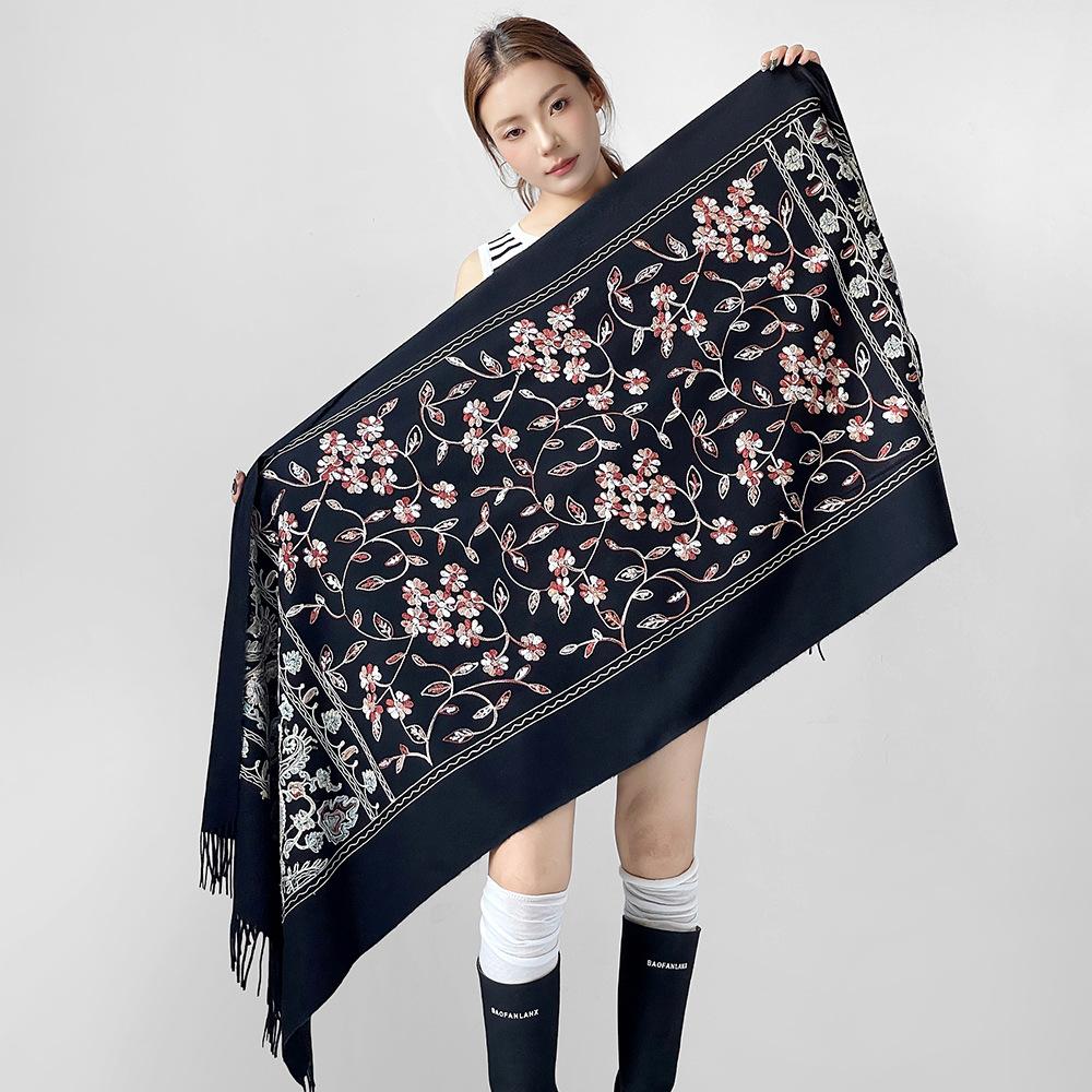 Xinjiang Qinghai scarf women's embroidery thickened shawl autumn and winter versatile cashmere long cape cape
