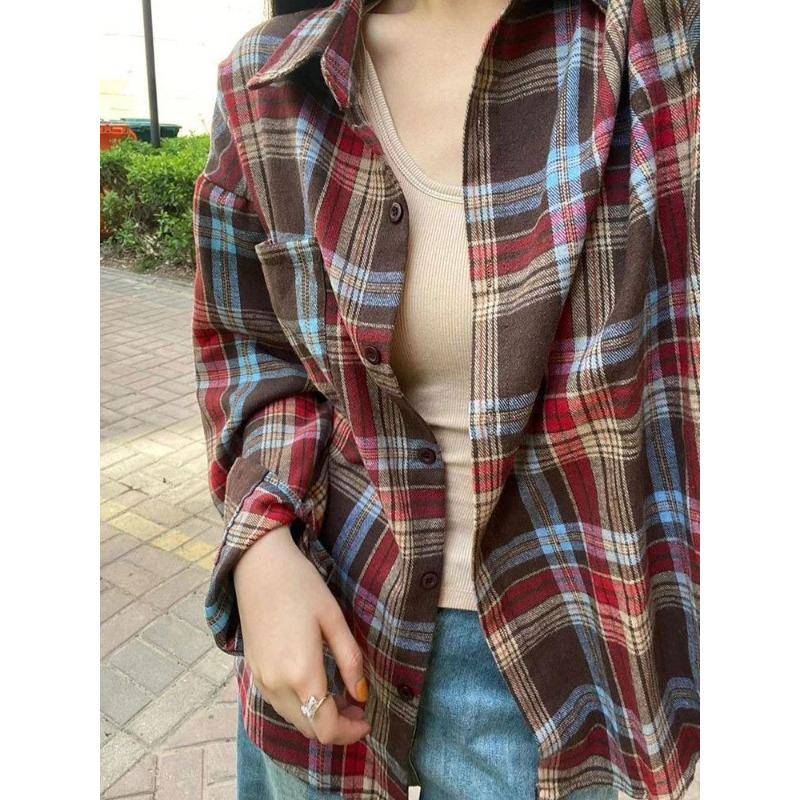 Women Checkered Shirts Contrasting Color Design Single Pocket Lapel Bloues Korean Loose Versatile Ladies Cardigan
