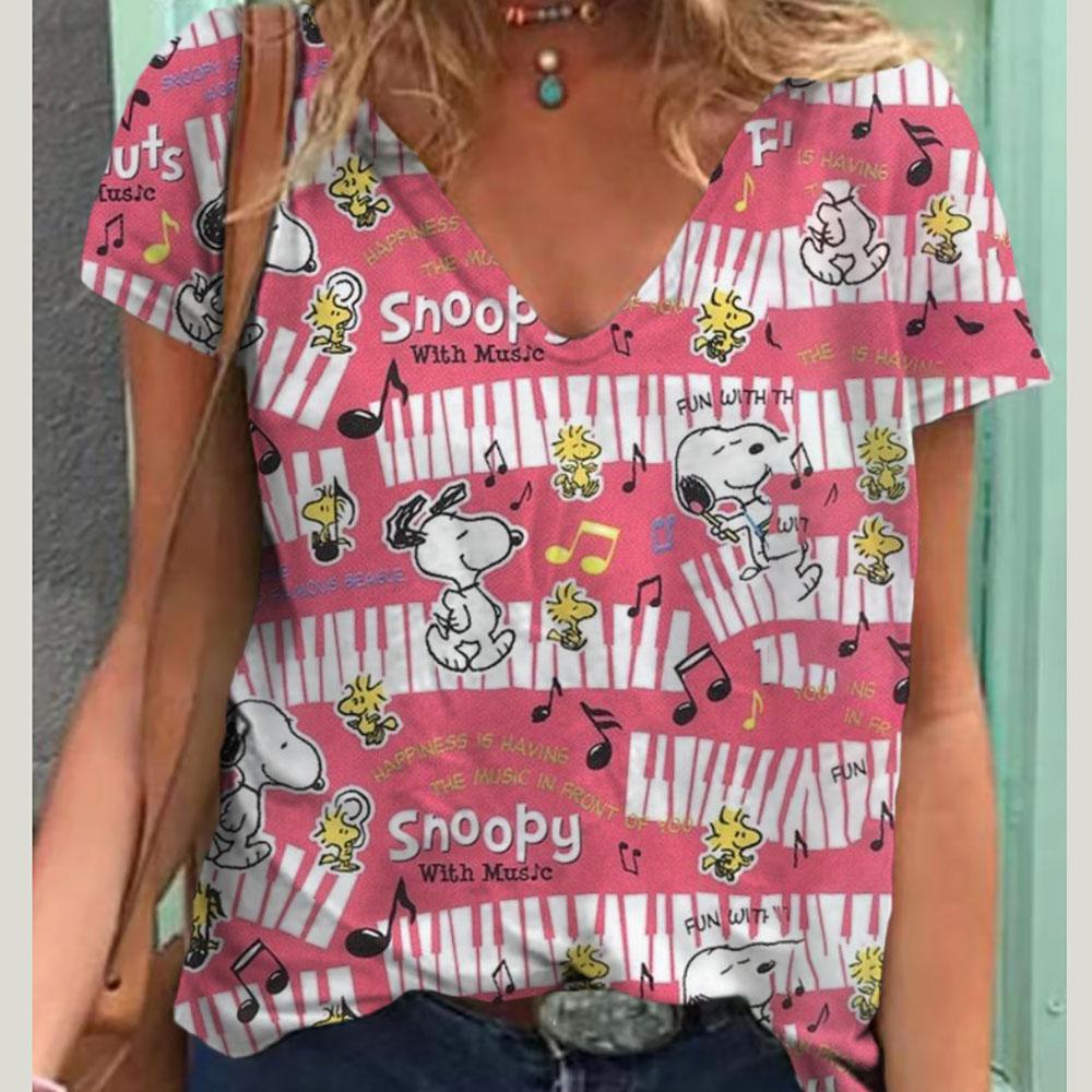 V-Neck Women's Sexy T-shirts Short Sleeve Breathable Simple Snoopy Cartoon Print Tops T-shirt Fun Patterns 15 Color Pullover Top
