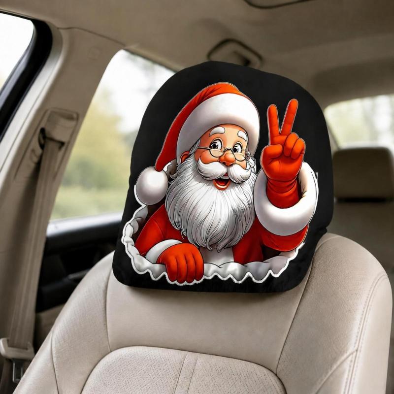 Festive Vehicle Headrest Accent Covers, Santa Christmas Slip-On Polyester Set for Winter Driving and Car Styling