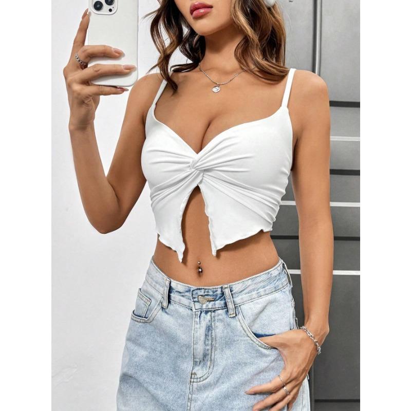 Women Sexy Slim Fit Slit Design Solid Twisted Single Strap Crop Camisole Top