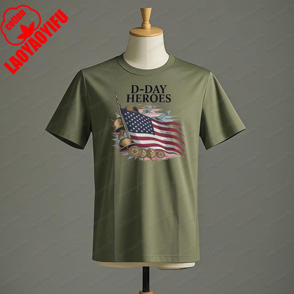 D Day Heroes T Shirt American Flag WW2 Tshirt Military Apparel Veteran Remembrance Day T Shirt Men Crewneck Cotton Short Sleeve