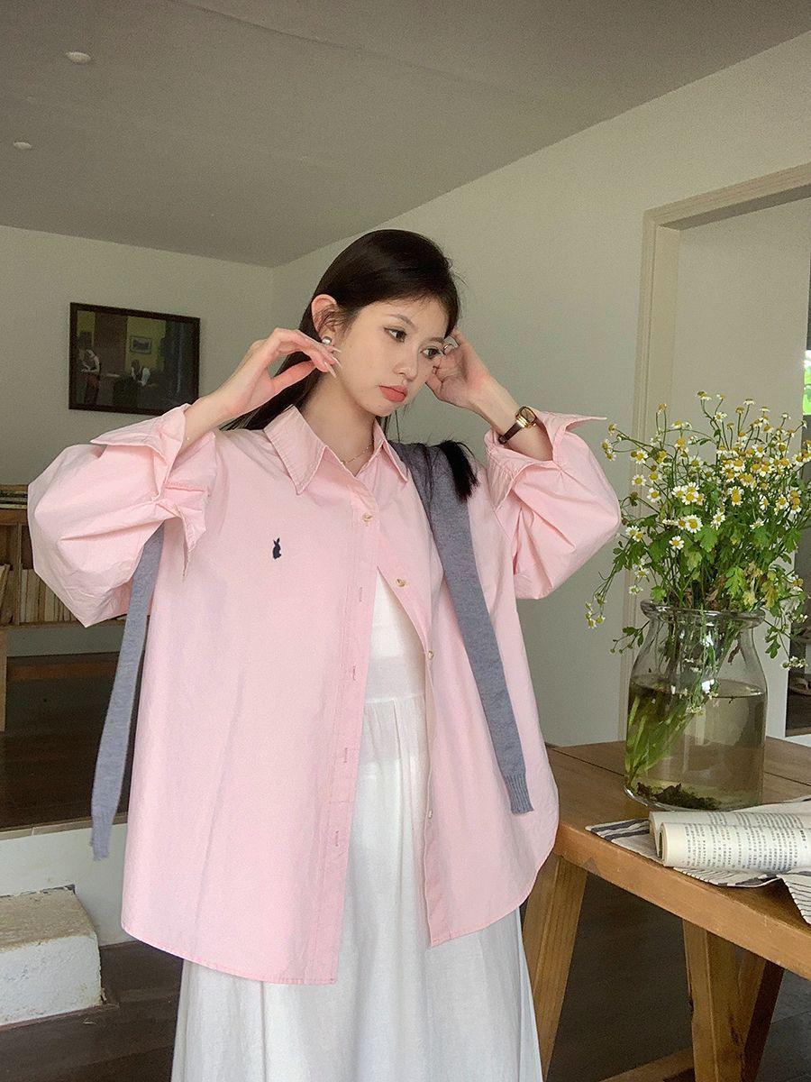 

Japanese-Style Rabbit Embroidery Women s Long-Sleeve Cardigan Shirt for Spring/Summer 2025 S рожевий