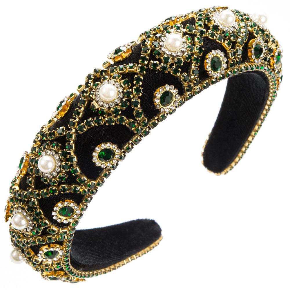

2026 Headband Fashion Flannel Heavy Industry Full Diamond Headband Retro Court Style Elegant Dinner Hair Accessories зелений