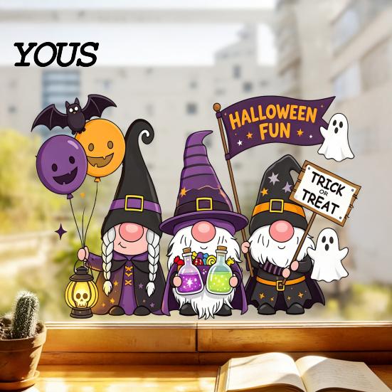 Reusable Holiday Window Sticker Static Glass Sticker, No Residue Clings, Festive Decal with Halloween Dwarf Wizards Black Cats Ghosts Skeletons