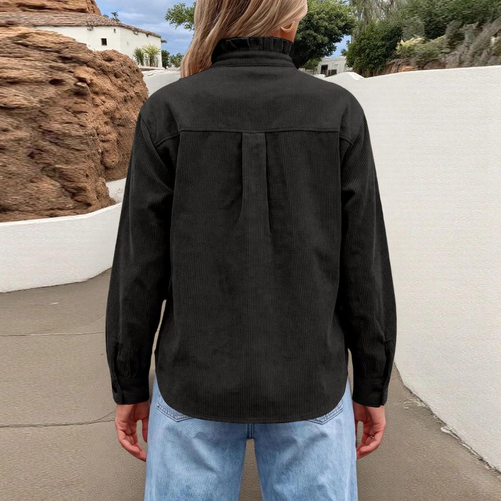 Women's Color Corduroy Casual Jacket with Ruffle Collar for Everyday Wear