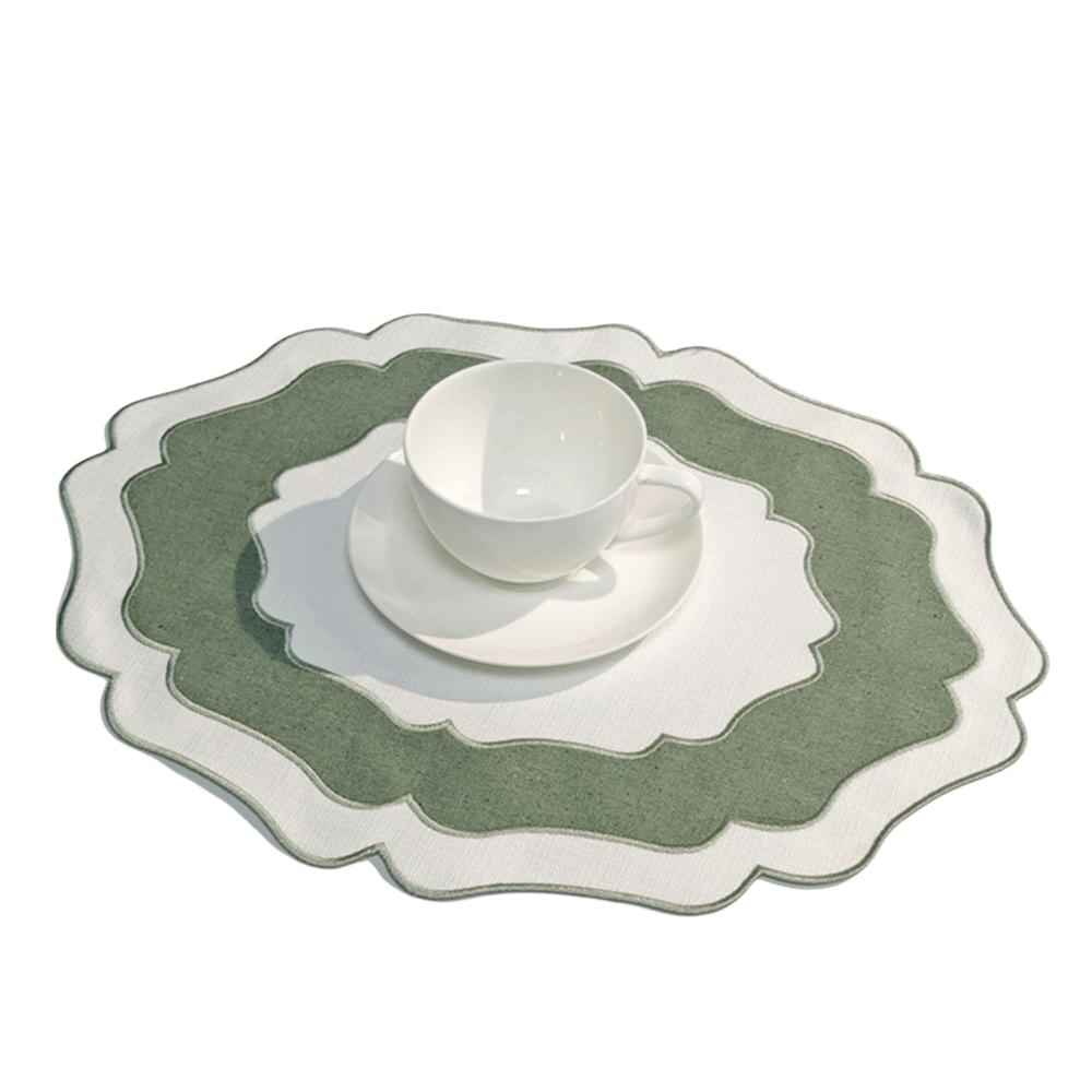 Heat Insulation Scalloped Linen Placemat Wear Resistant Machine Washable Textured Dining Placemat Restaurant Use