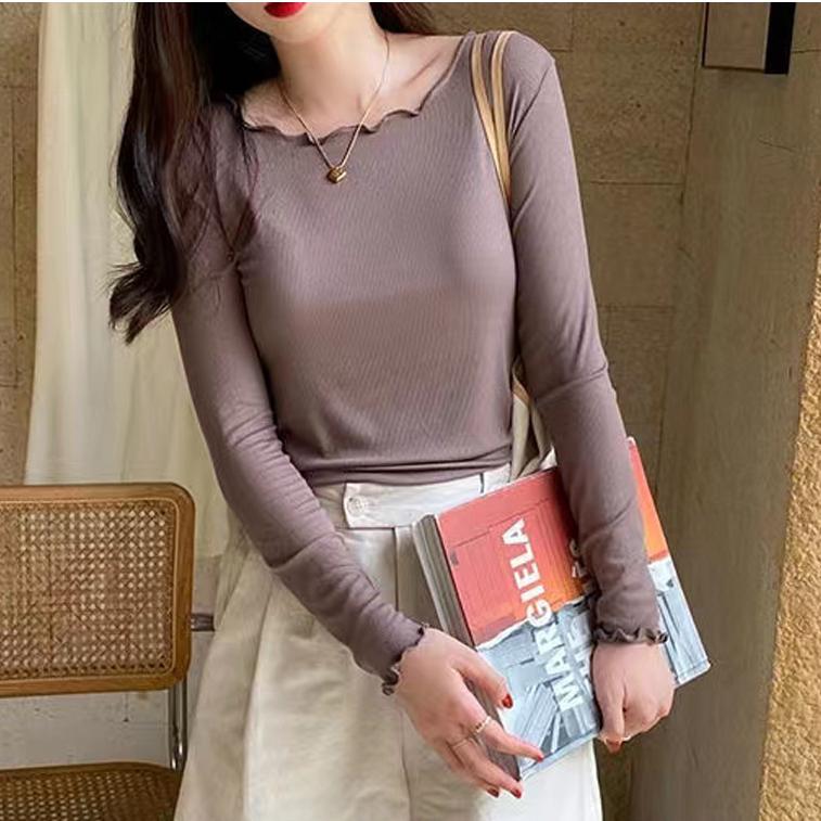 Dámské základní modely dřevěných uší triko s kulatým výstřihem a dlouhým rukávem Uvnitř topů Spodní košile