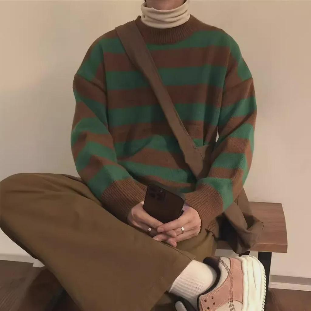 Men's Retro Striped Sweater: Korean Style, Loose Fit, Round Neck, Autumn/Winter Trendy Casual Unisex Knitwear