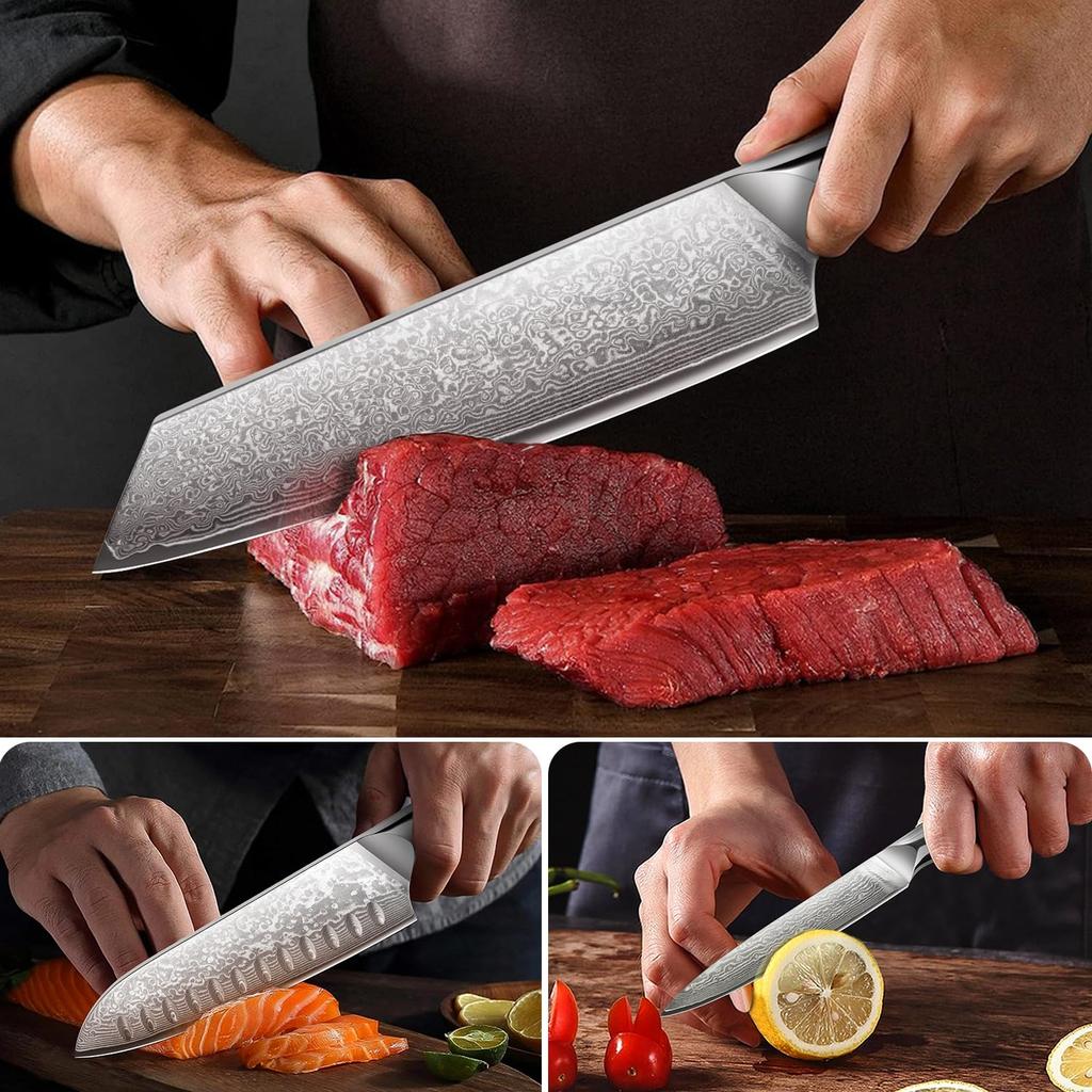 KyushuBlade Damascus Knife Set and Petty Professional Damascus Versatile Kitchen Knife with Authentic Damascus Stainless Full Tang and Black Sharpness