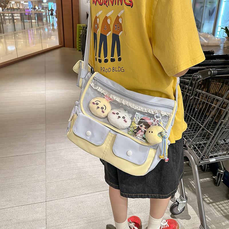 Japanese color-blocking crossbody bag women's new collegiate style versatile tote bag junior high school students shoulder bag trend in class