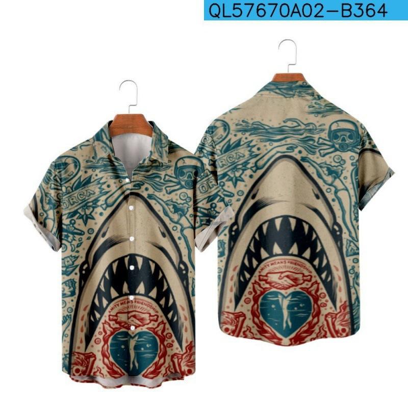 1116 New Shark 1d Printing Summer Casual Short Sleeve Shirt Men's Wholesale Manufacturer Europe