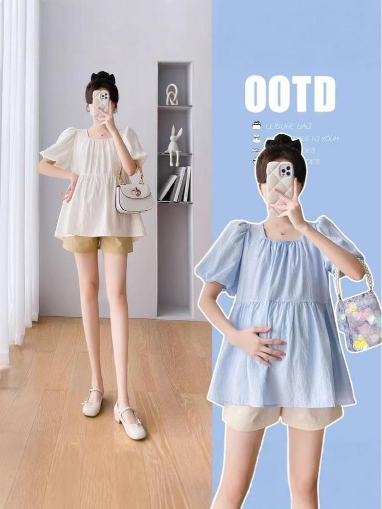 2025 Korean Style Square Neck Maternity Puff Sleeve Babydoll Top