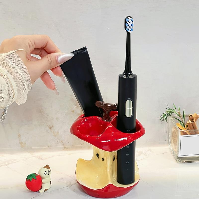 Ceramic Fruit Core Themed Toothbrush Organizers 3 Compartment Toothpaste Holders Stand For Countertop Bathroom Storage