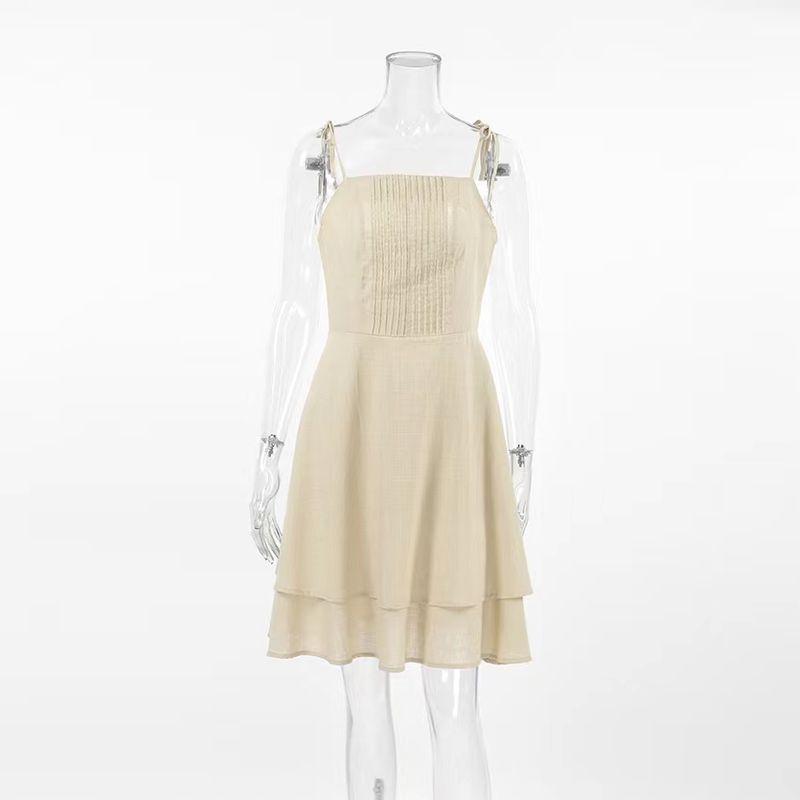 

Fashion Summer Sling Cotton and Linen Transparent Ruffles Dress Hanging Strap Lotus Leaf Dress Khaki L