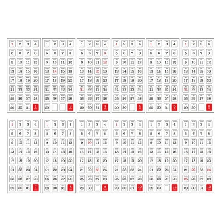 12 листов наклеек-календарей, наклейки с цифрами, декоративные наклейки, наклейки на 365 дней, наклейки с датами 1