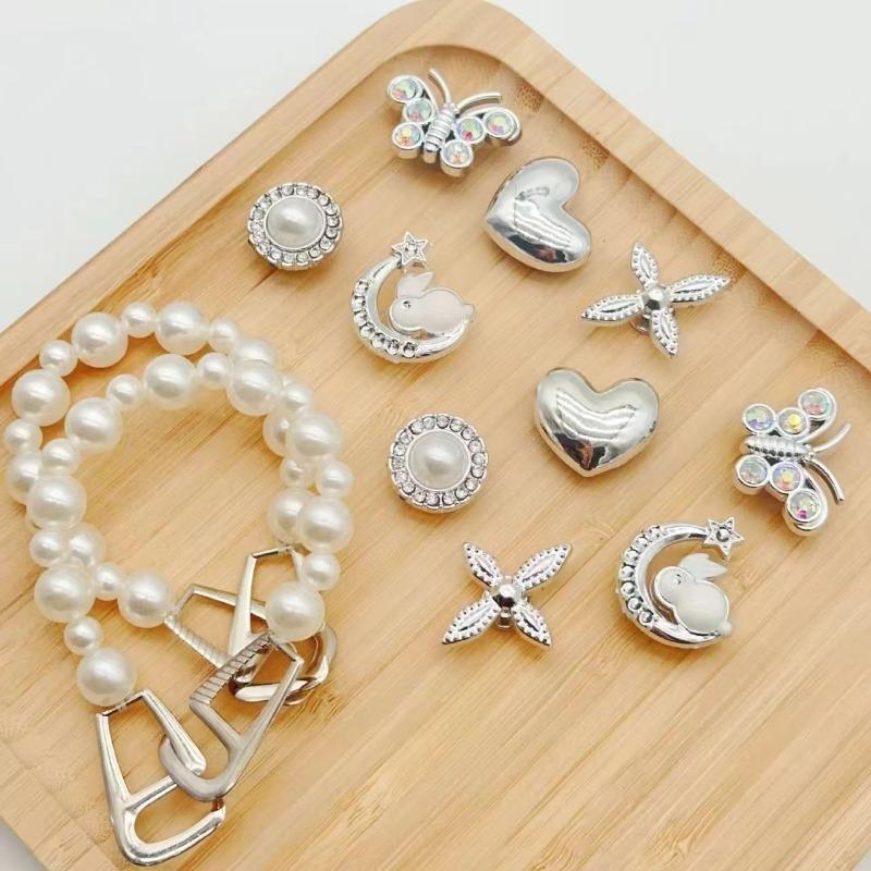 

12 шт. подвеска для обуви Crocs DIY Серебряная бриллиантовая бабочка жемчужная цепочка украшение для обуви пряжка для Croc подвески отверстие обувь аксессуары