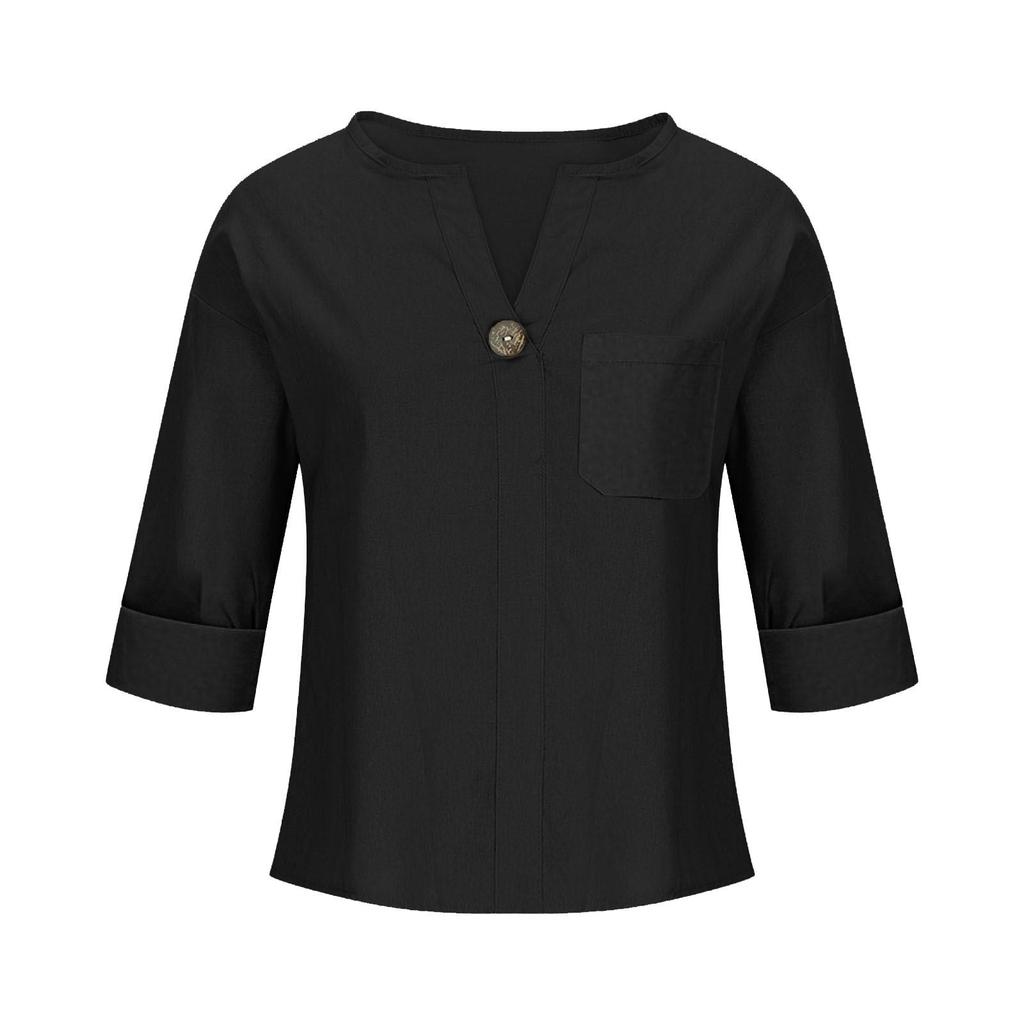 Women's 2025 Summer V-Neck Cotton Linen Button T-Shirt: Loose Fit