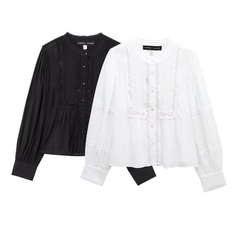 Kaslead New Arrival Women's Fashion Style Fashion Minimalist Lace Pleated Shirt Tops 1281837