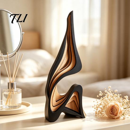 Minimalist Abstract Home Accents Wood Art Sculpture, Modern Solid Figurine for Living Hand Painted Poplar Craft Room Tabletop Decor,