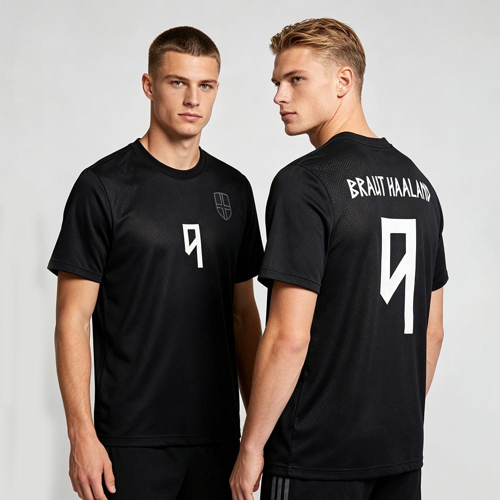 Haaland Norwegen Name & Nummer 9 T-Shirt Schwarz Atmungsaktiv Schnelltrocknend Mesh-Trikot Rundhals Lässig Kurzarm Unisex T-Shirts T-Shirt S