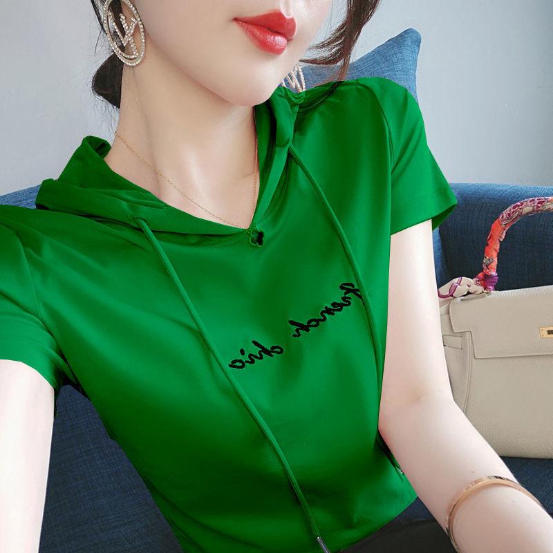 Women's Hooded Short Sleeve T-Shirt Loose Fit Casual Pullover Letter Print Summer Fashion Top