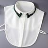 White Chiffon Fake Collar Handmade Beaded Decoration Lapel Style Detachable Collar Rhinestone Decoration Button Detail
