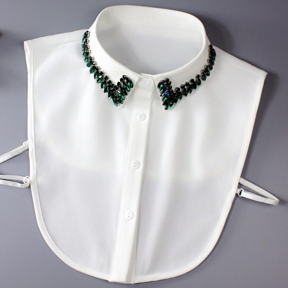 White Chiffon Fake Collar Handmade Beaded Decoration Lapel Style Detachable Collar Rhinestone Decoration Button Detail