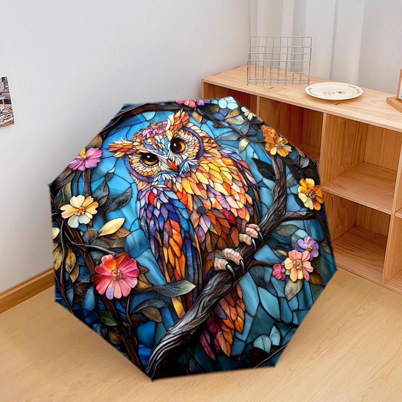 1 PC Automatic Folding Umbrella - Owls and Flowers Pattern, Portable & Foldable Design with 8 Ribs, Christmas Birthday Gifts