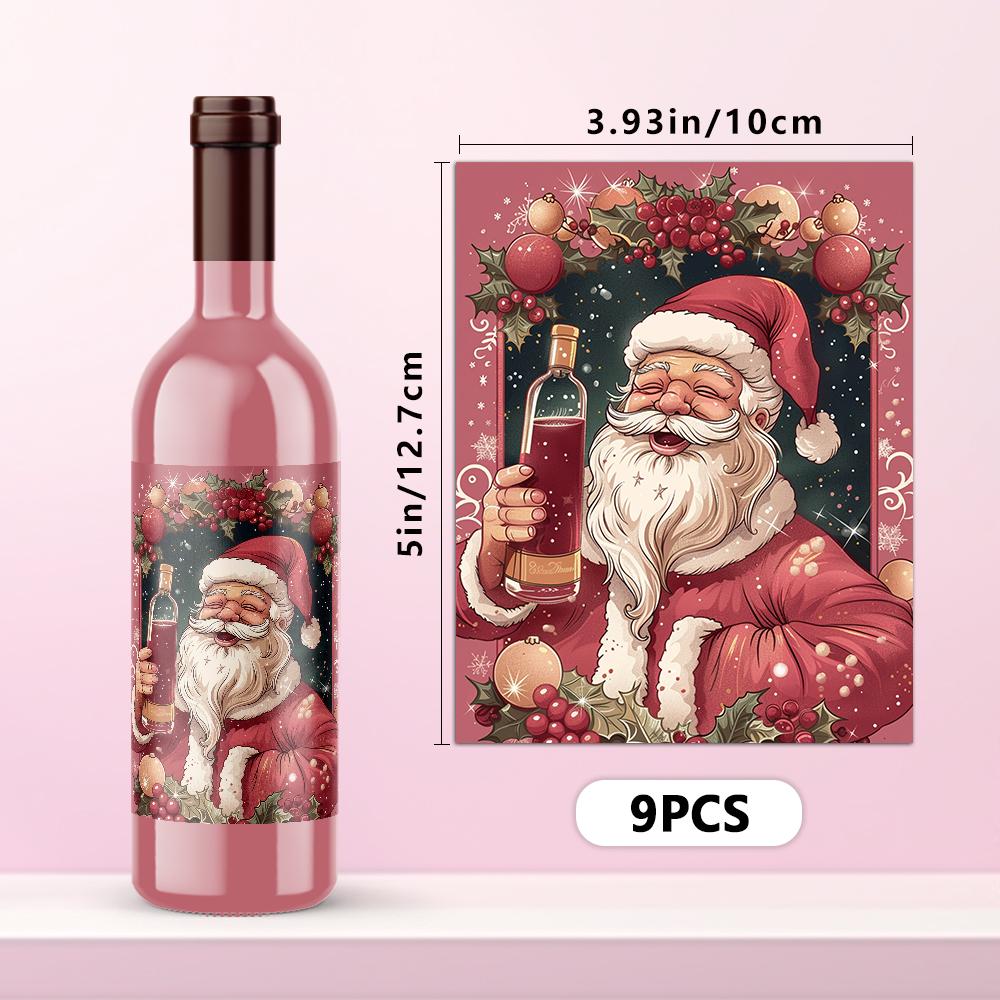 9pcs Christmas Decoration Wine Bottle Waterproof Stickers 5x3.93inch Christmas Wine Label, Christmas Party Decoration