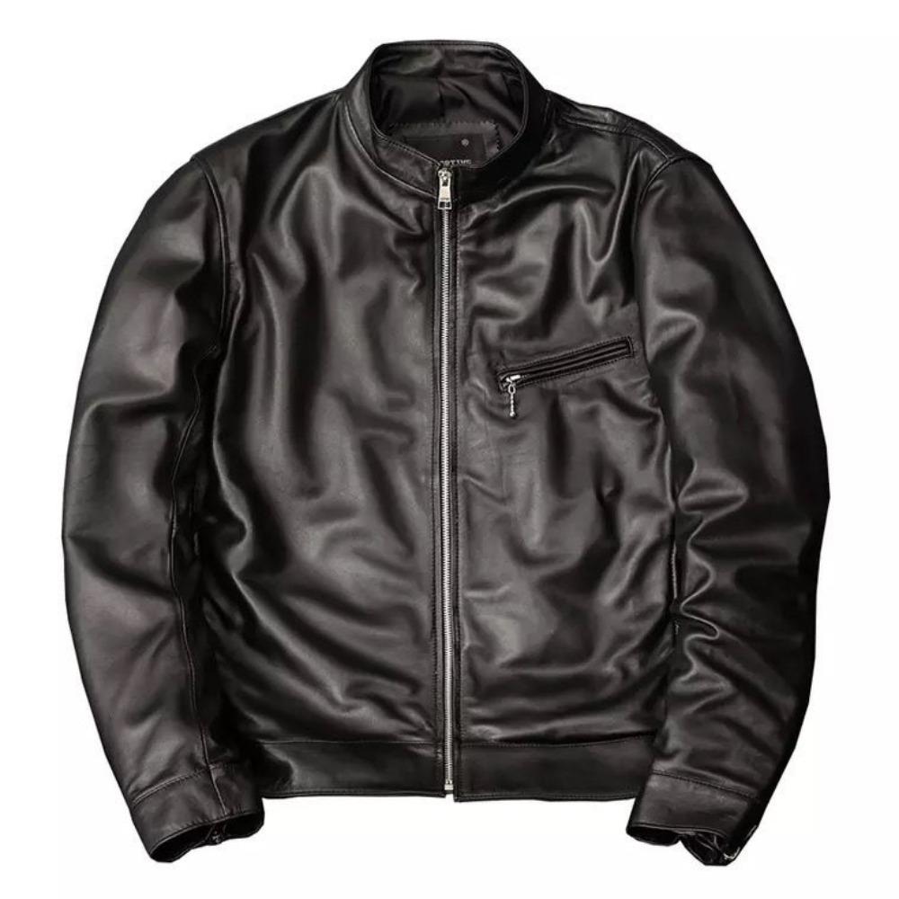 Hübsche, schlichte Lederjacke aus reiner erster Schicht Schaffelllederjacke für Herren, kurze, lässige Stehkragenjacke