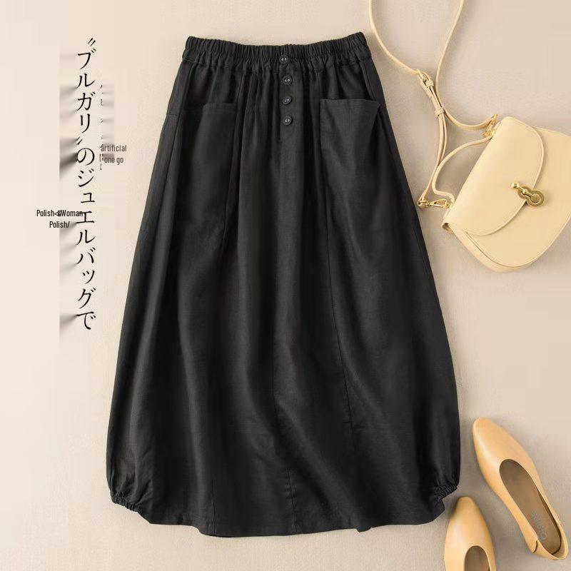 Plus Size Women's Retro High Waist A-Line Midi Skirt - Imitation Linen, Summer Slimming Style
