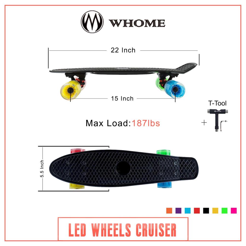 WHOME Skateboard for Kids Cruiser Skateboard 60x45mm 5th Generation LED Lighted Wheels Birthday Gift for - 22" - Commuter/Mobility Gift/Holiday