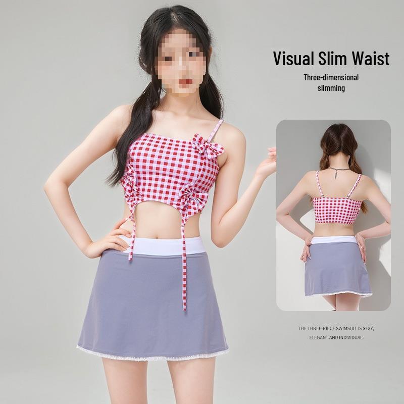 

Halterneck Plaid Waist-Cinching Slimming Swimsuit - Women s Two-Piece Strappy Dress Style 2025 L [Recommended for 47.5-52.5 kg] червоний