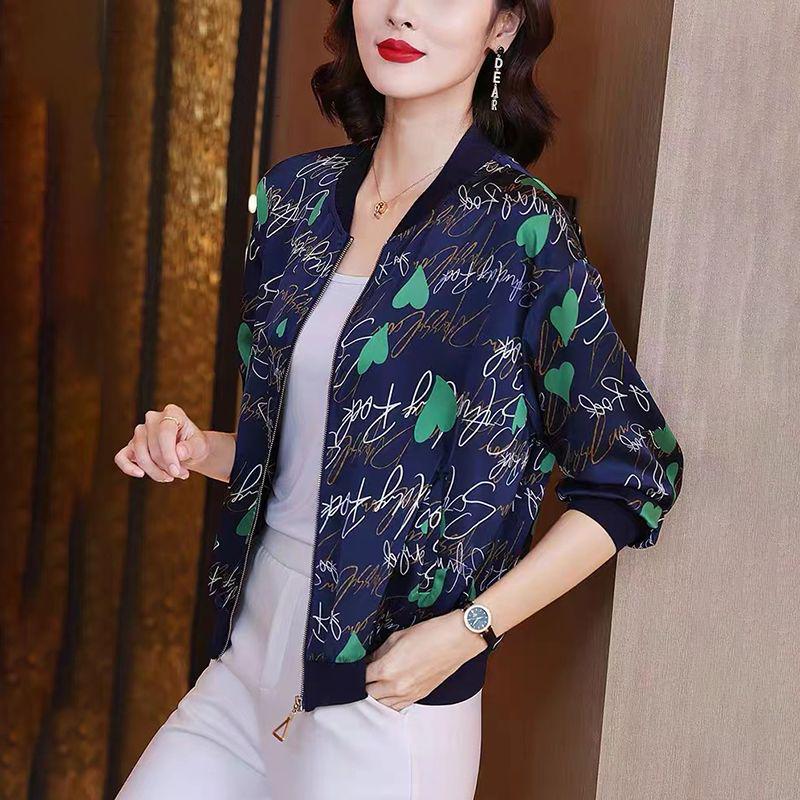 Elegant Slimming Printed Chiffon Baseball Jacket - Plus Size Spring/Summer Casual Top 2XL