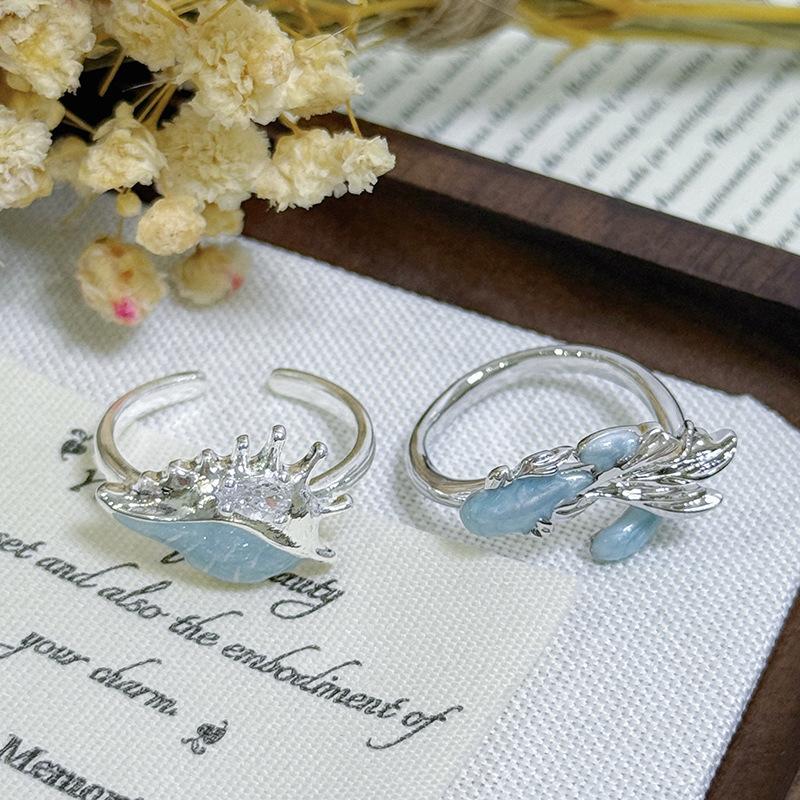 [Ocean World] Blue Fish Conch Enamel Oil Drop Y2K Zir*****Pen Ring Personality Niche Ring Female