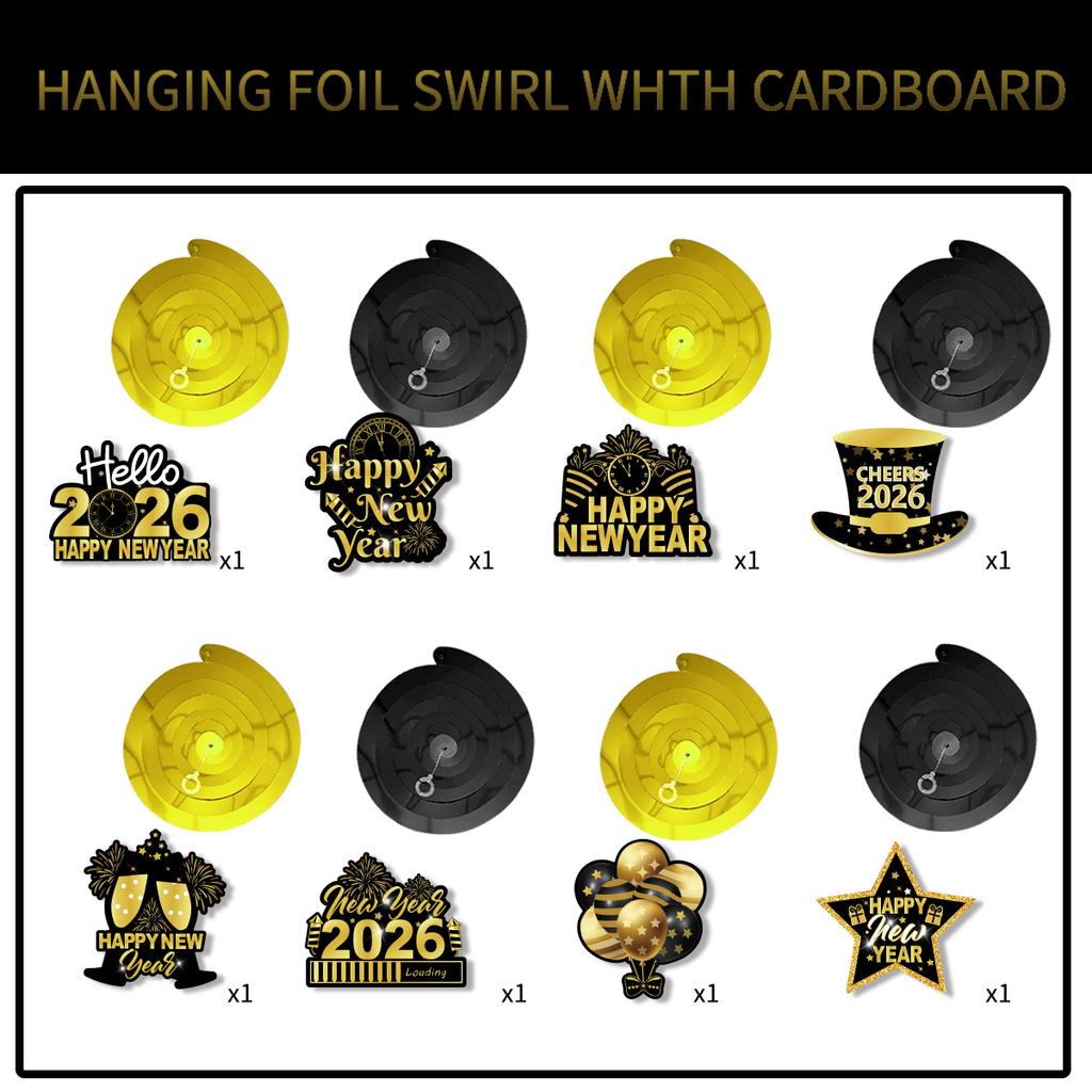Black Gold Happy New Year 2026 Banner Decorations Hanging Bunting for Spiral Swirls New Year Party Ceiling Streamers Decorations