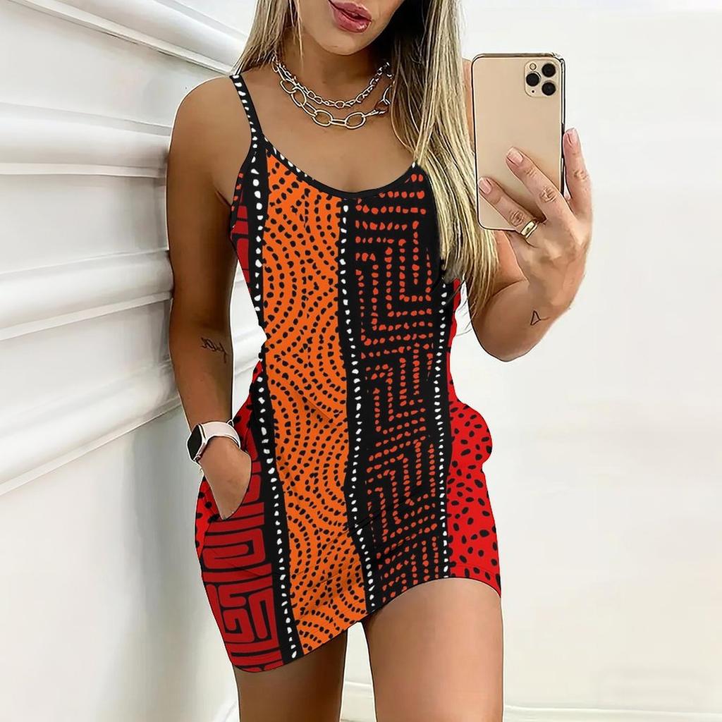 Summer New Retro Patterns Print Sleeveless Bodycon Dress with Pockets Sexy Slim Fit Elegant Party Dress