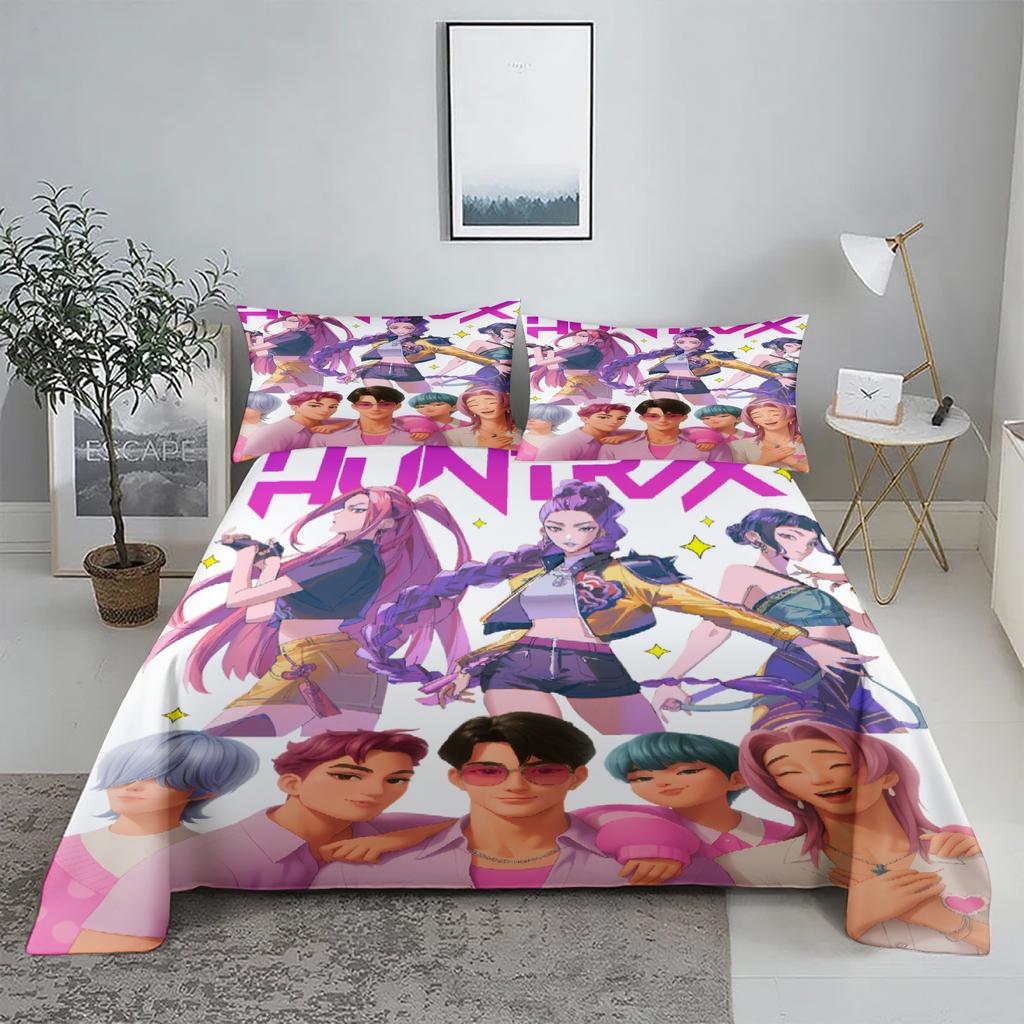 Golden Demon Hunters K-pop Bed Sheet Set 3D Printed Bed Flat Sheet With Pillowcase Bed Linen King Queen Size