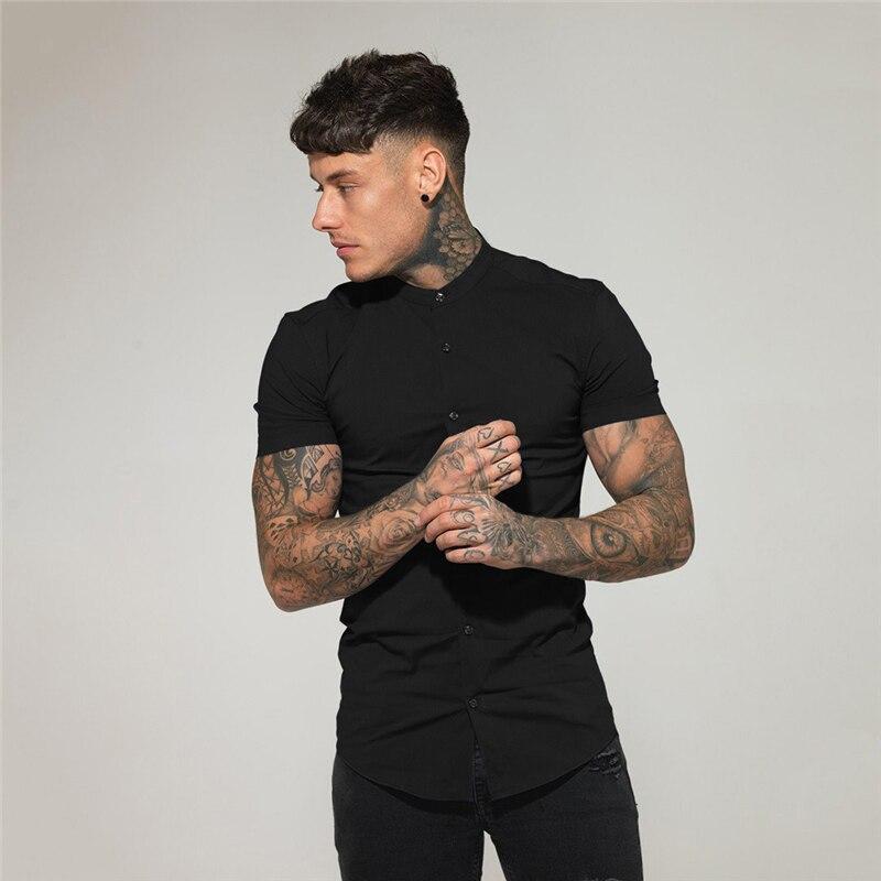 Muscleguys T-shirt Estiva Retro Manica Corta da Uomo Stile Cinese Camicia Bianca con Collo Rialzato Top Casual alla Moda