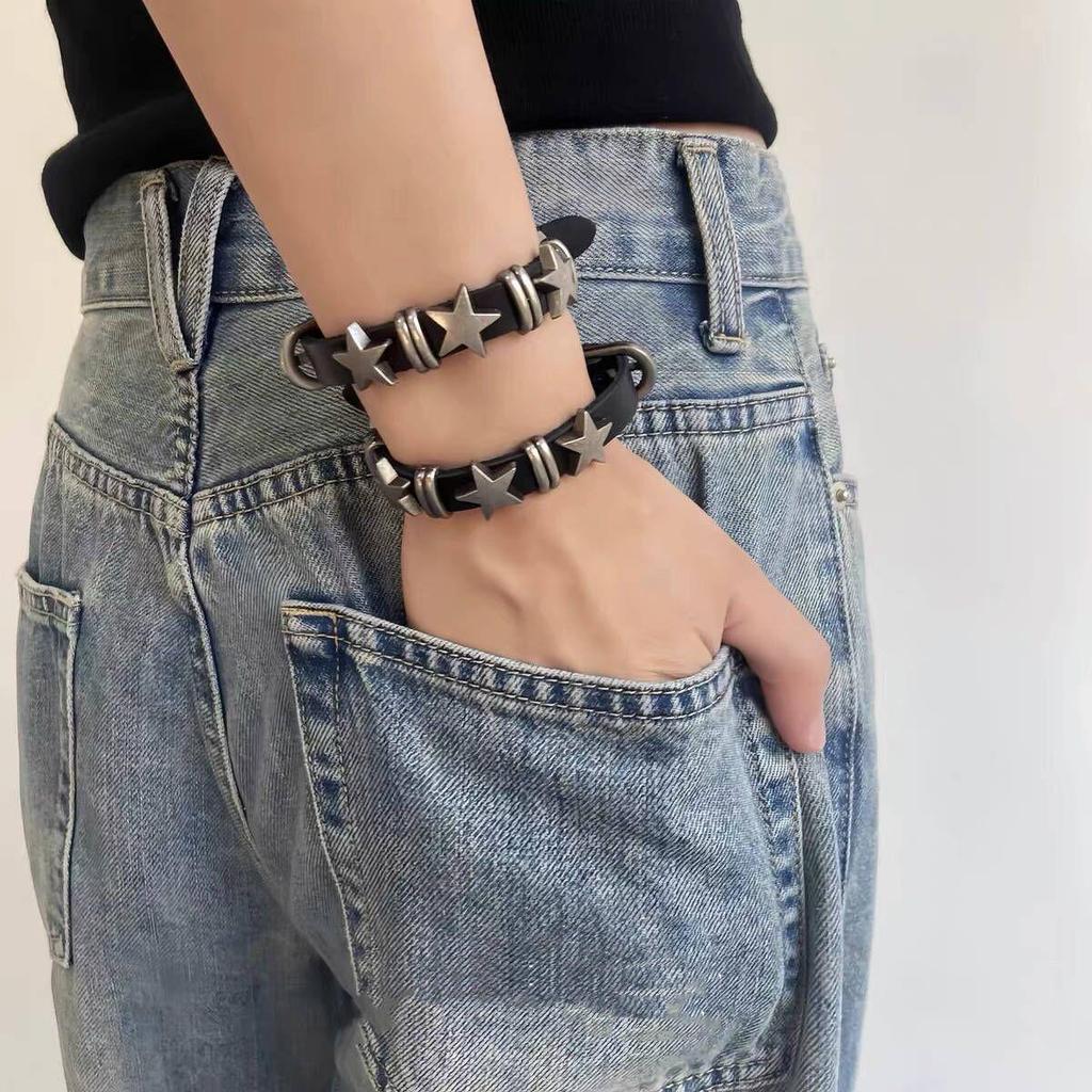 Dark Punk Y2K Pentagram Leather Bracelet - Women's Layered Hip Hop Style