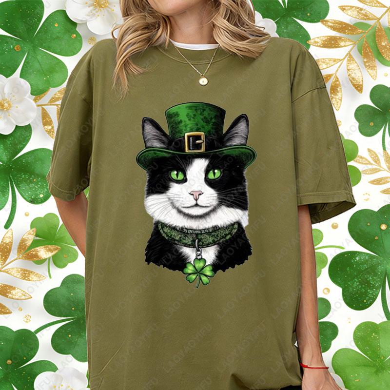 St Patricks Day Casual Unisex Cotton Shirts Lucky Clover Cute Tuxedo Cats Oneck Printed Tops Irish Women Ropa Mujer Cat Lover