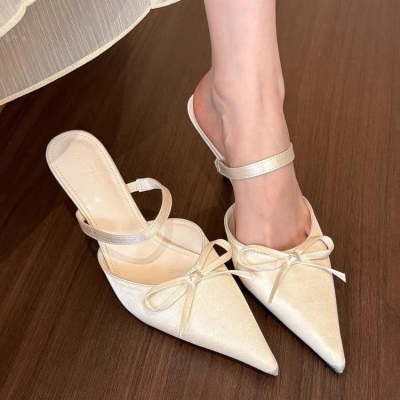 Fashion Women's Fashion Baotou Sandals Summer New Pointed Head Shallow Mouth Butterfly Knot Anti-slip Wear-resistant Fine Heel Slippers
